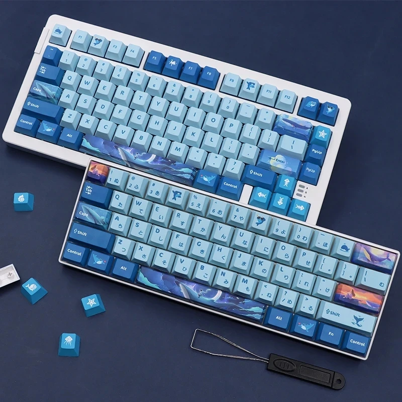 

139Key Blue Whale Drop Keycap Set cherry profile PBT five-sided heat sublimation for custom 60 65 75 percent mechanical keyboard