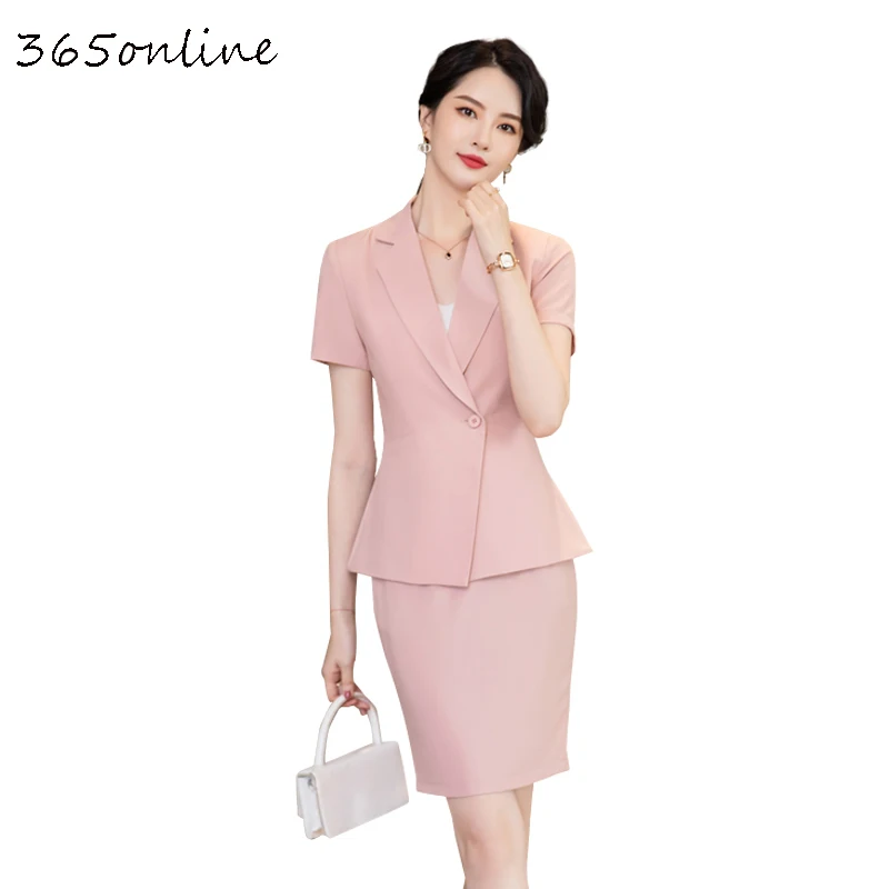 Novelty Pink Women Business Suits with 2 Piece Set Skirt and Tops Blaser Summer Short Sleeve OL Professional Blazers Set