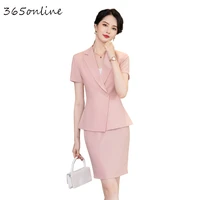 novelty pink women business suits with 2 piece set skirt and tops blaser summer short sleeve ol professional blazers set