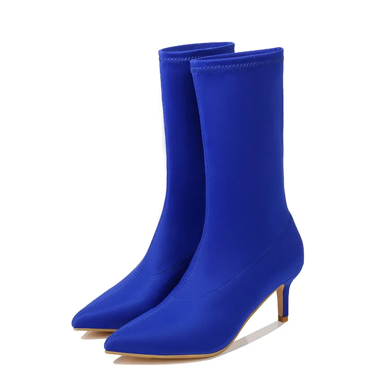 

Women Yellow Ankle Sock Boots 2022 New Fashion Spring Autumn Stretch Boots Chunky High Heels Pointed Toe Women Shoes