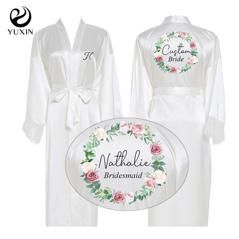 

Женское длинное кимоно на заказ, шелковое атласное вечернее платье, кружевной халат для свадьбы