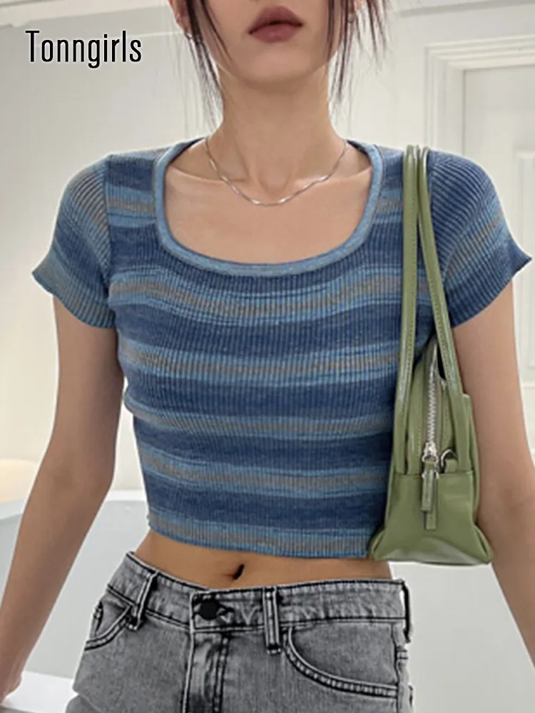 

Tonngirls Striped Ribbed T Shirt Women 2022 Summer Grunge Tie Dye Crop Tops Sexy Slim Short Sleeve Tees Streetwear Y2k Korean