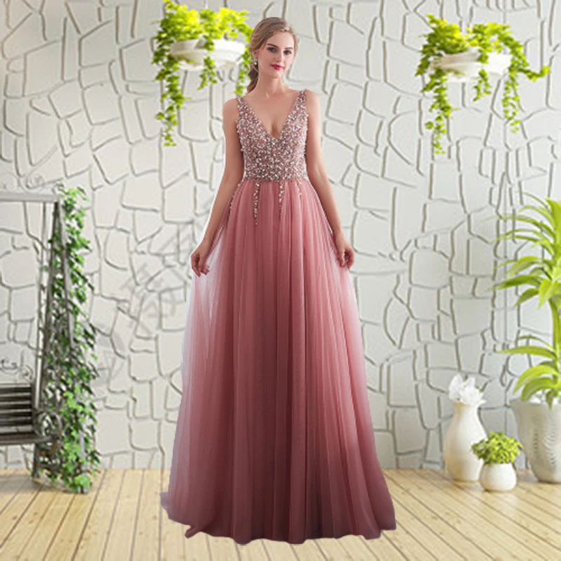 Beading Evening Dress 2023 V-Neck Pink High Split Tulle Sweep Train Sleeveless Prom Gown A-line Lace Up Backless Vestido De