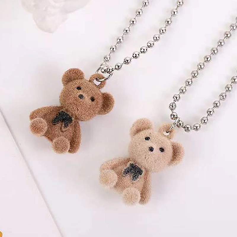 Flocking Bear Brown Teddy Bear Lady Cute Pendant Necklace Small Animal Pendant Fashion Necklaces Friendship Jewelry Accessories