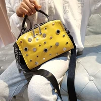 trendy fashionable color contrast handbag womens new rivets rhinestone shoulder messenger bag all match soft surface handbag