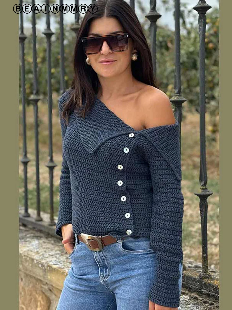 Женский модный свитер с диагональным воротником на пуговицах элегантные