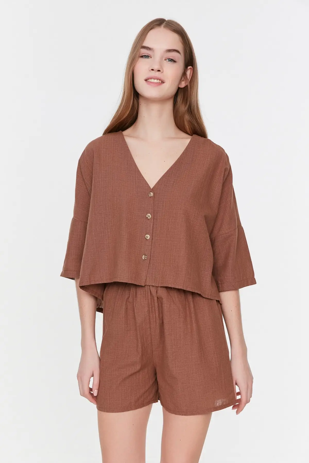 

Button Three Quarter Sleeve Woven Pajamas set THMSS20PT0399