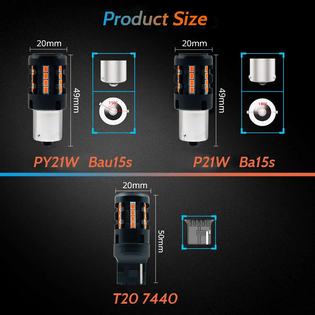 2 шт. лампы для указателей поворота 1156 P21W PY21W BA15S BAU15S 7440 лм