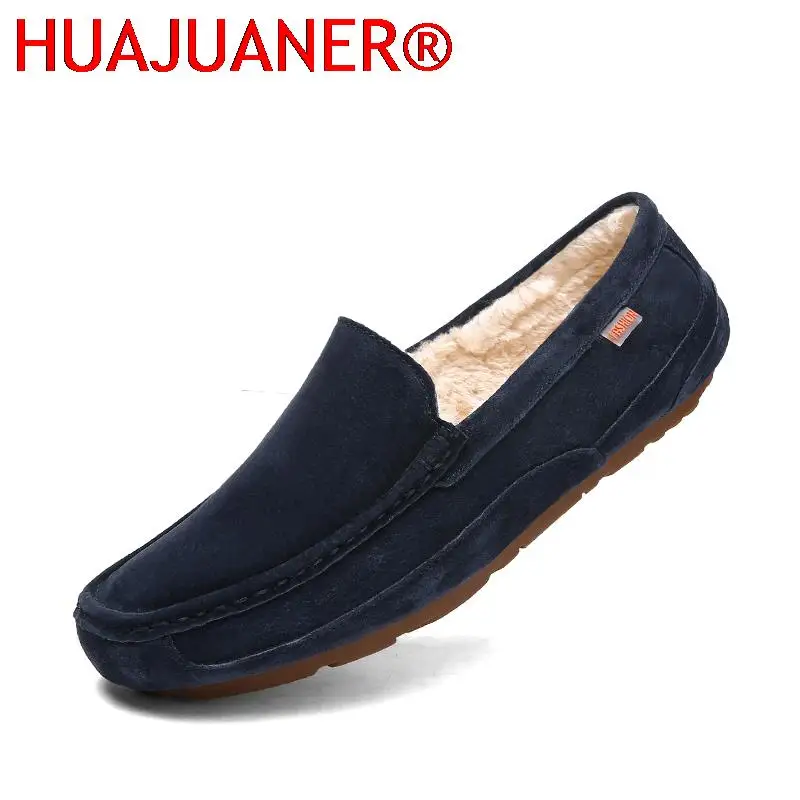 

Warm Winter Men Shoes Casual Breathable Soft Mens Loafers Suede Genuine Leather Shoes Flats Male Slip-On Driving Shoes with Fur