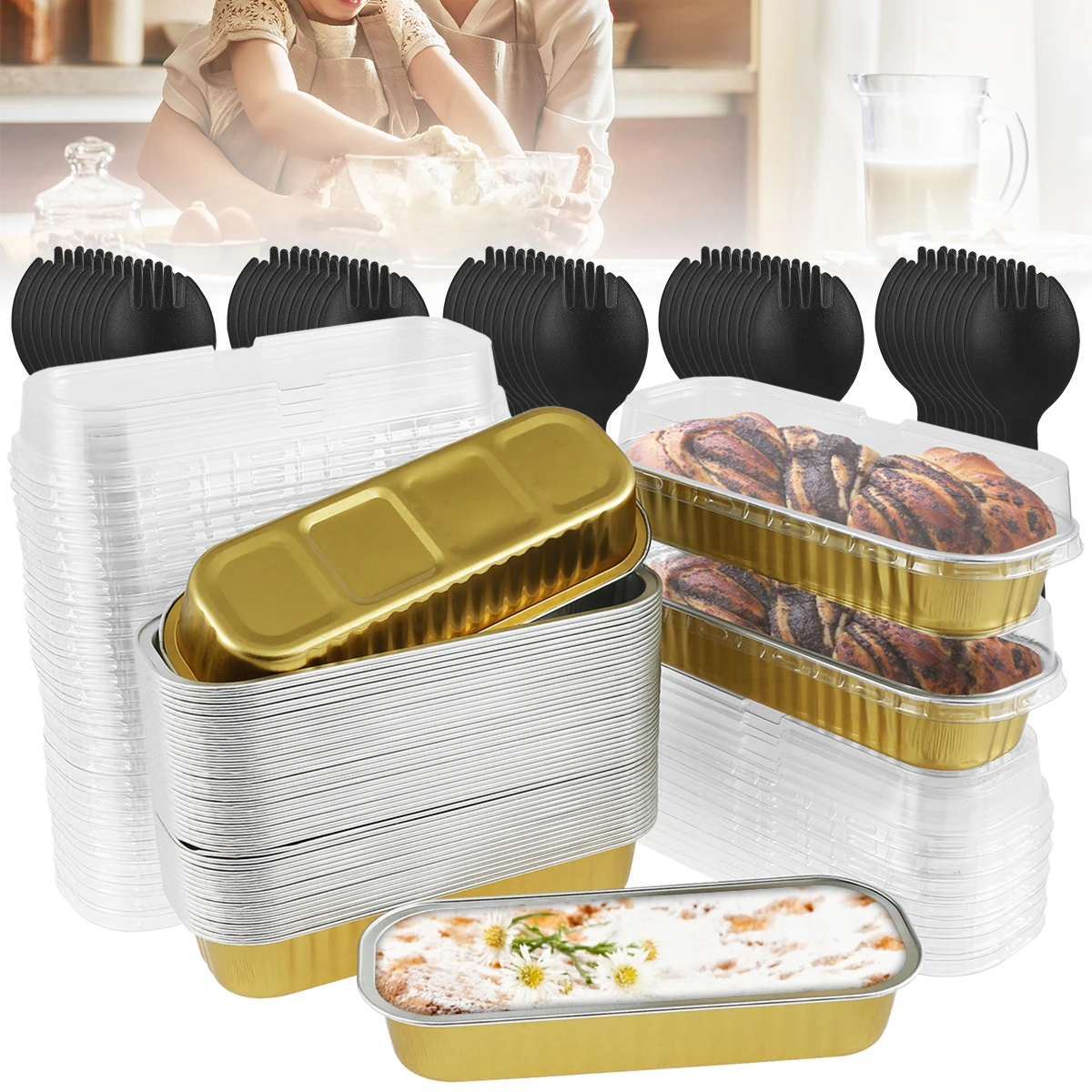 

50pcs Mini Baking Loaf Pans Aluminum Foil Cake Pans with Lids and Spoons Non-Stick Reusable Bread Muffin Tins Liners Containers