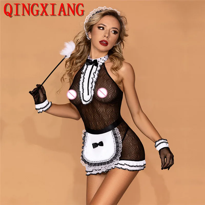 

6 Pieces Lace Halter Brazilian Female Servant Sexy Transparent Waiter Pinafore Dress Maid Costumes Role-Playing With Glove Apron