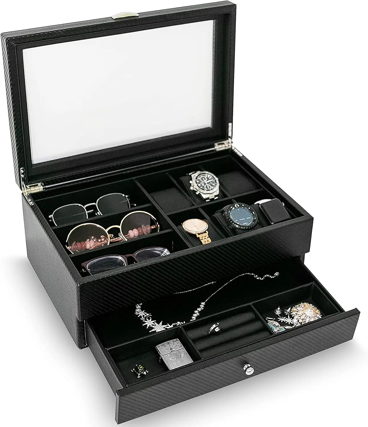 

Box Organizer For Men Jewelry Box, Watch Case Sunglass Organizer Valet Tray Mens Jewelry Organizer Holds 6 Watches 3 Sunglasses