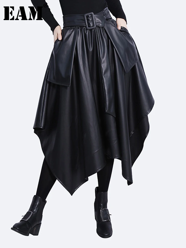 

[EAM] High Elastic Waist Black Pu Leather Irregular Long Half-body Skirt Women Fashion Tide New Spring Autumn 2022 1DF2353