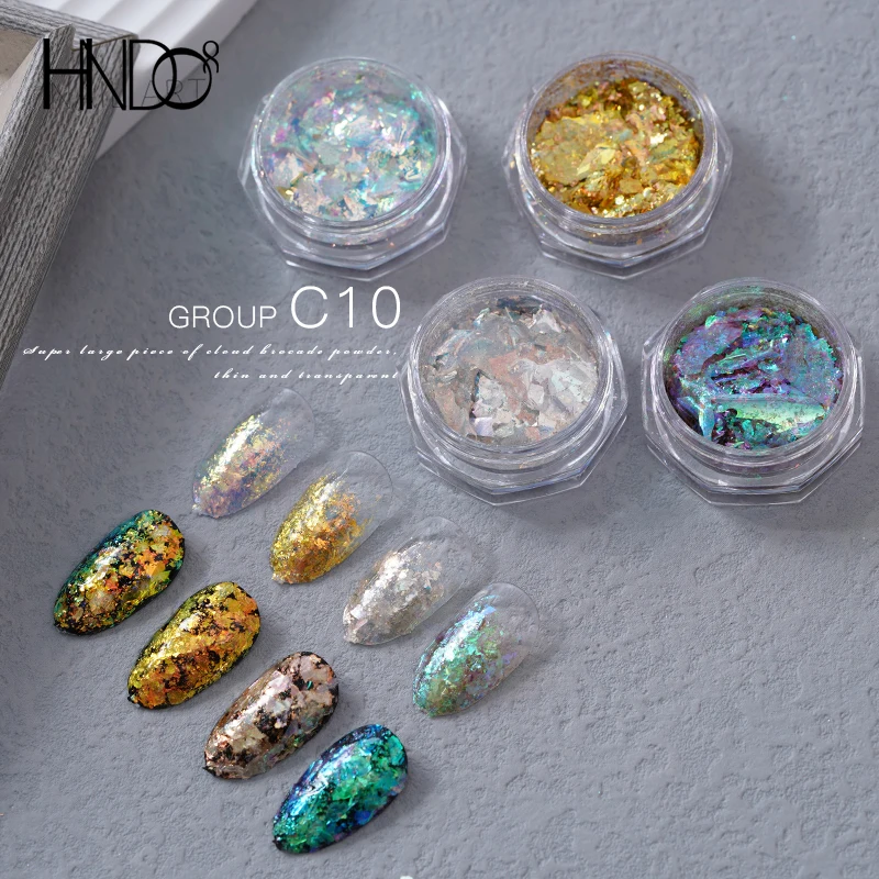HNDO 2022 New 4 Color Iridescent Opal Powder Set Nail Glitter Shiny Shatter Pigment Dust Shiny Flakes for Manicure Design DIY