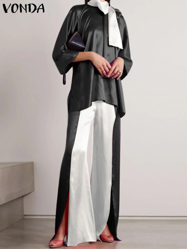 

VONDA Oversized Y2K Vintage Women Long Sleeve Fare Pants Suit Patchwork Sexy Party Satin Pants Suits Round Neck Blouse Pant Sets