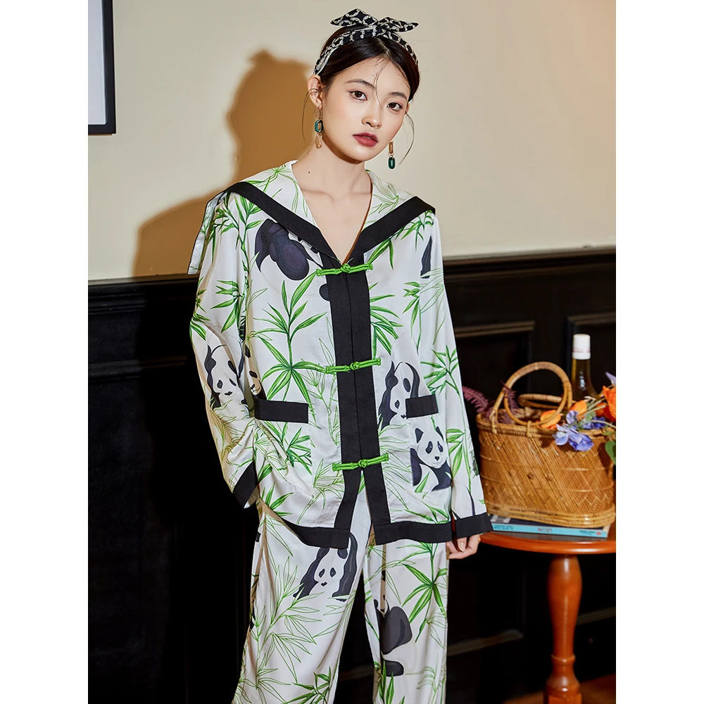 Maison Gabrielle 2022 Spring Summer Vintage Chinoiserie Printed Pajamas Set Loungewear Sleepwear for Women 2 Pieces Long Sleeves