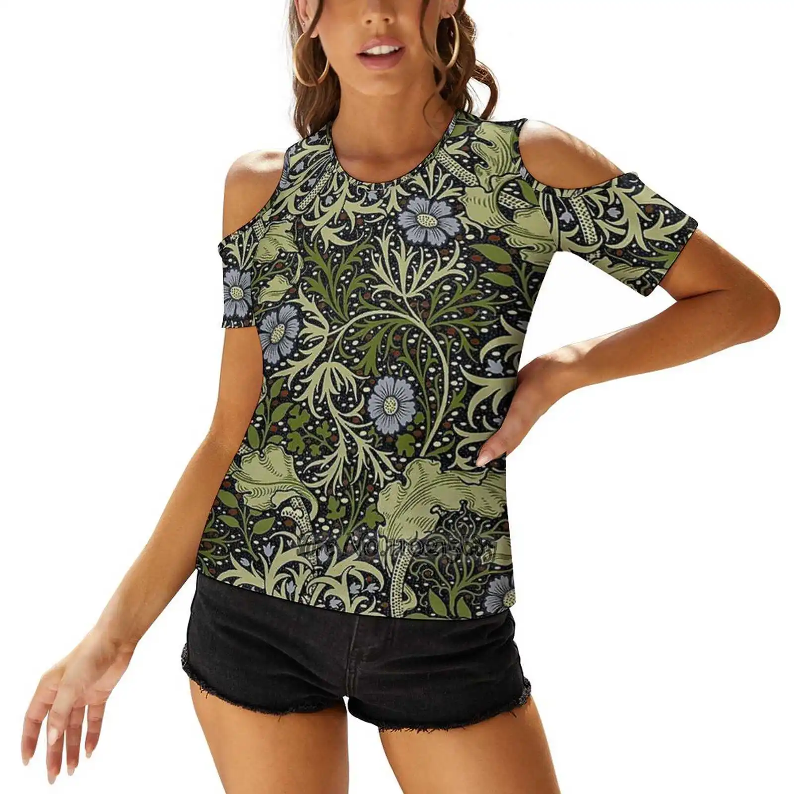 

Seaweed Pattern Woman's Casual Sexy T-Shirt One Shoulder Lacing T Shirts Elegant Beach Party Tops Ocean Seaweed Plants Green