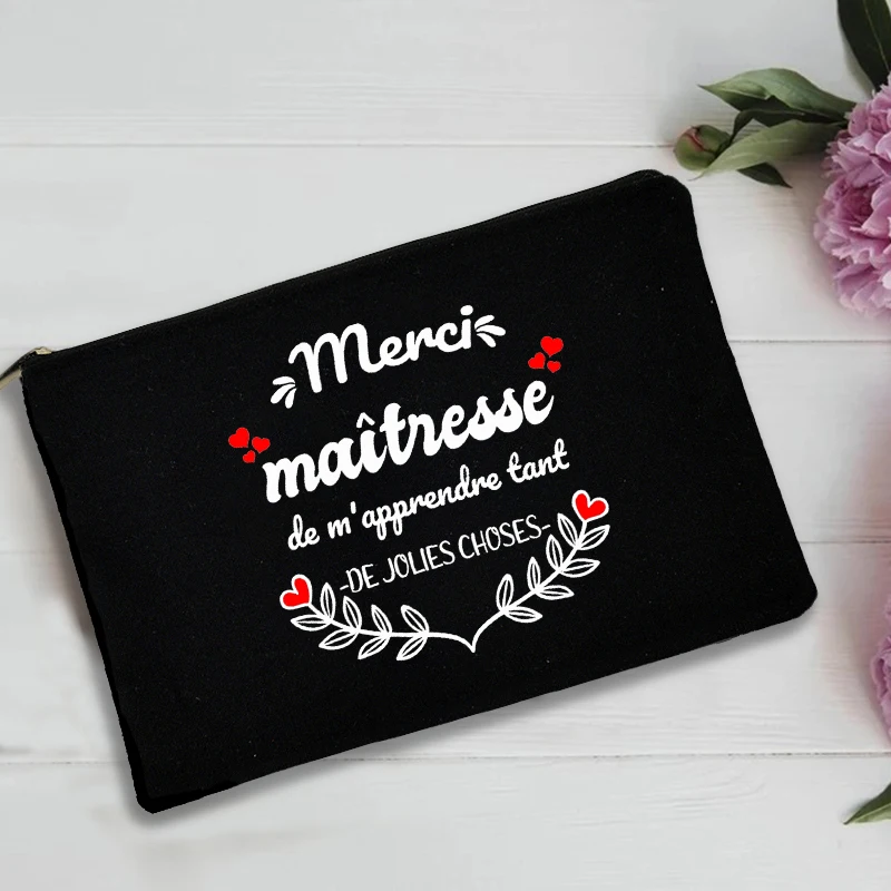 

Thank You Mistress Merci Maîtresse French Print Teacher's Storage Bag Black Wristlet Clutch Bag Travel Wash Pouch Teacher Gifts