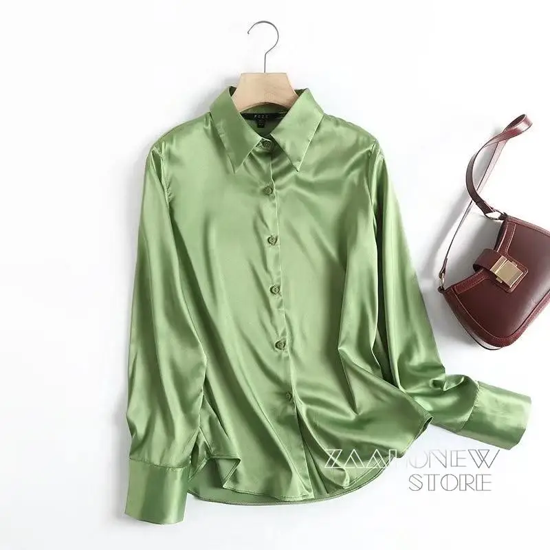 

ZAAHONEW 2022 Spring Autumn Women Fashion Long Sleeve Shirt Tops Female Loose Solid Color Silky Simple Casual Blouses