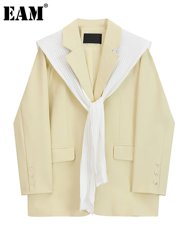 

[EAM] Women Yellow With Shawl Big Size Blazer New Lapel Long Sleeve Loose Fit Jacket Fashion Tide Spring Autumn 2023 1DF5027