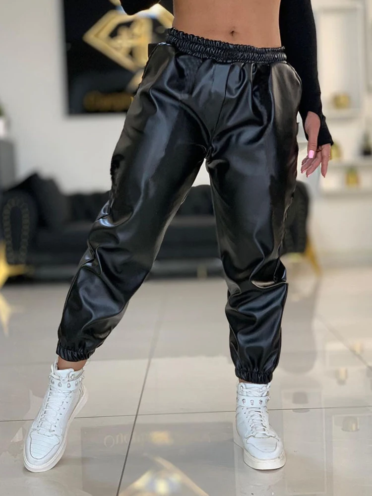 Зимние женские брюки из искусственной кожи с эластичной резинкой на талии штаны