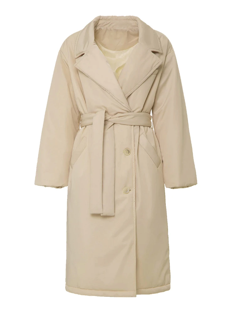 Elegant Office Lady Khaki Long Parkas with Belt 2022 Winter Women's Solid Warm Cotton-padded Coats Female Thick Jacket Outerwear