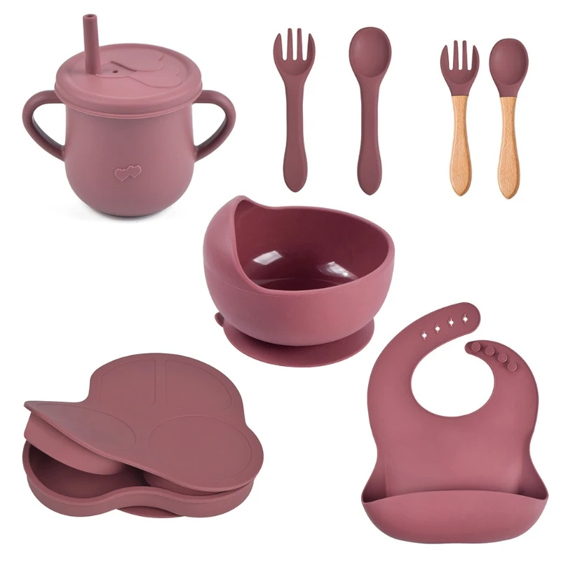 

8 Pcs Baby Silicone Bib Divided Dinner Plate with Lid Sucker Bowl Spoon Fork Straw Cup Set Training Feeding Utensil Dishes