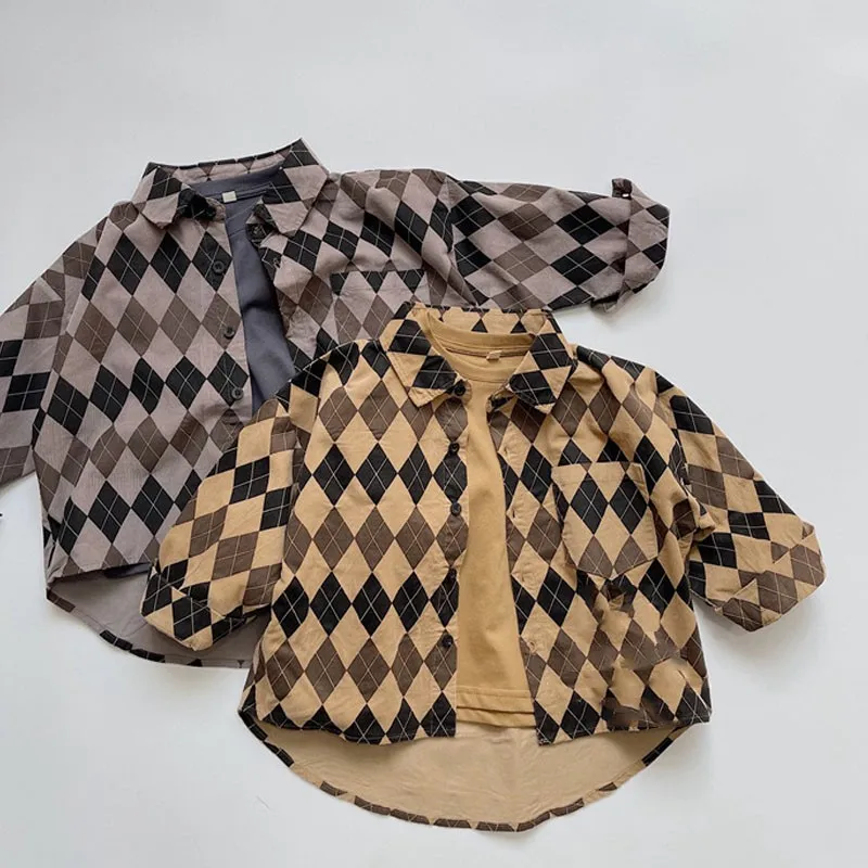 

Детская Повседневная рубашка с рисунком ромбиков, винтажные высококачественные рубашки для мальчиков, весенние тонкие хлопковые блузки дл...