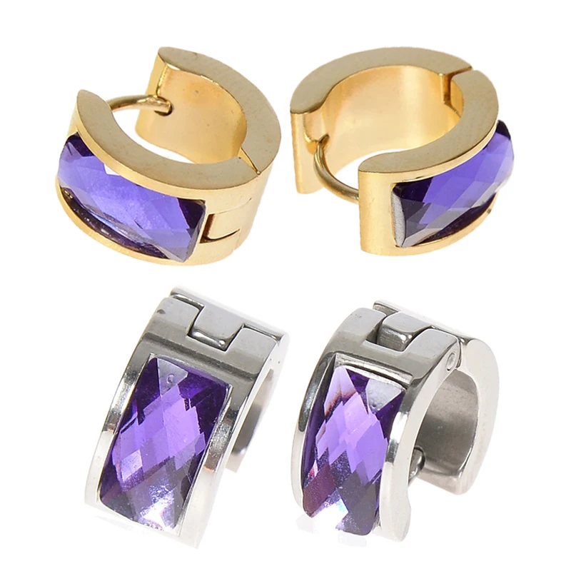 

Серьги-кольца Huggie из хирургической нержавеющей стали с фиолетовыми кристаллами для женщин и мужчин, золотые и серебряные серьги-гвоздики, м...