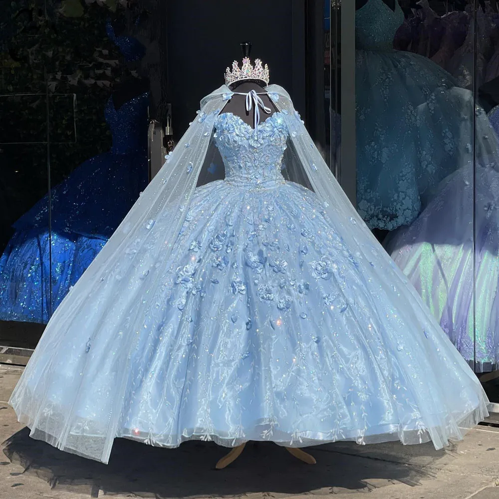 

Sky Blue Cinderella Princess Quinceanera Dresses with Cape Off Shoulder 3D floral Lace-up Corset Vestidos de 15 quinceañera