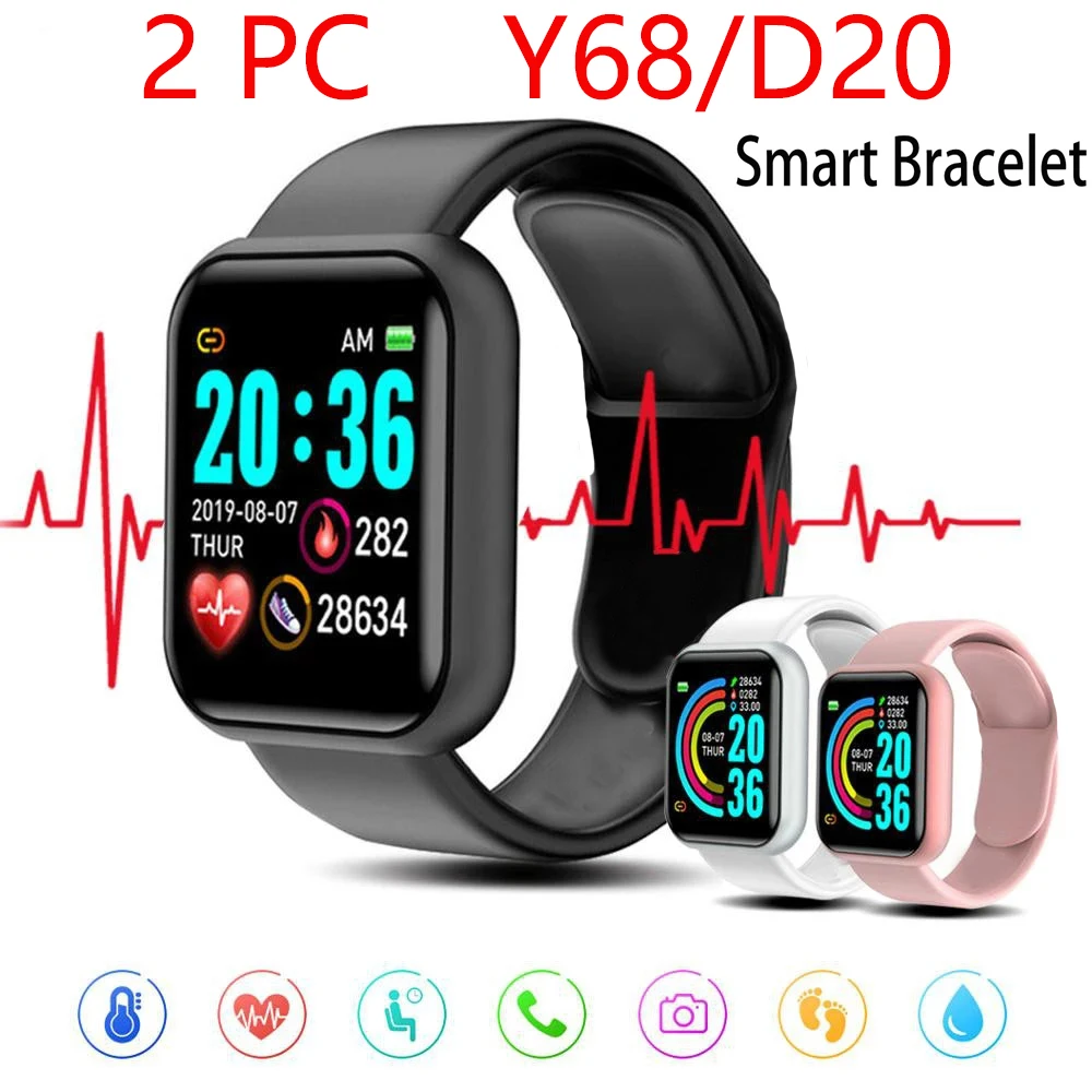 

2PC new Y68 Pro Smart Watch Women Men Sport Bluetooth Smart Band Heart Rate Monitor Blood Pressure Fitness Tracker Bracelet D20