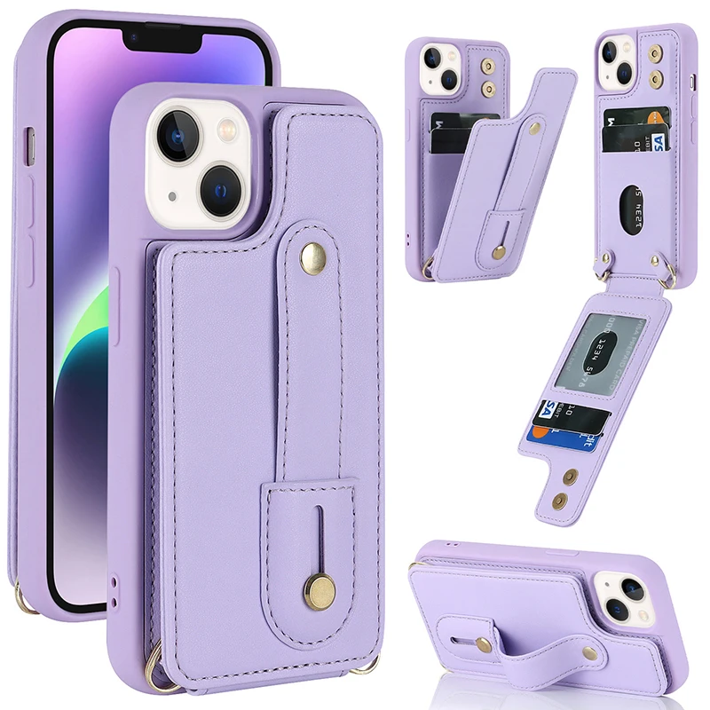 

Кожаный чехол-кошелек с ремешком на шею для iPhone 14 13 Pro Max