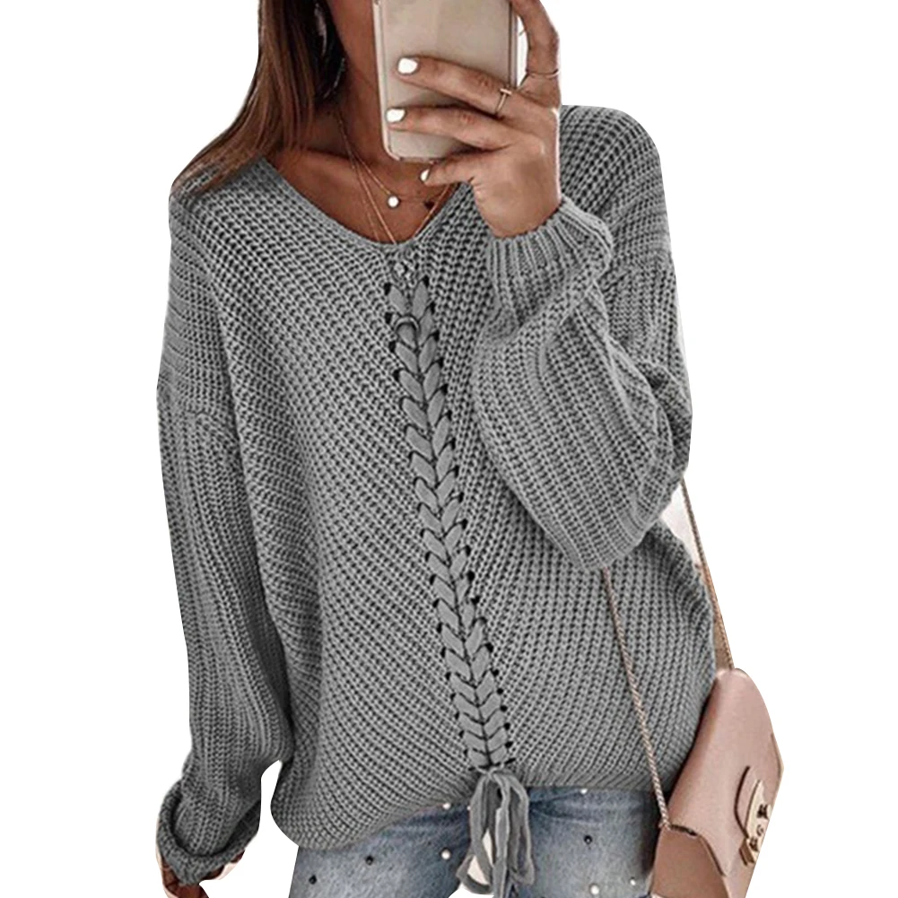 

2022 Autumn And Winter V-neck Soild Sweater Women's New Casual Loose Long Sleeves Stitching Fashion Ladies Lace Knitted Sweater