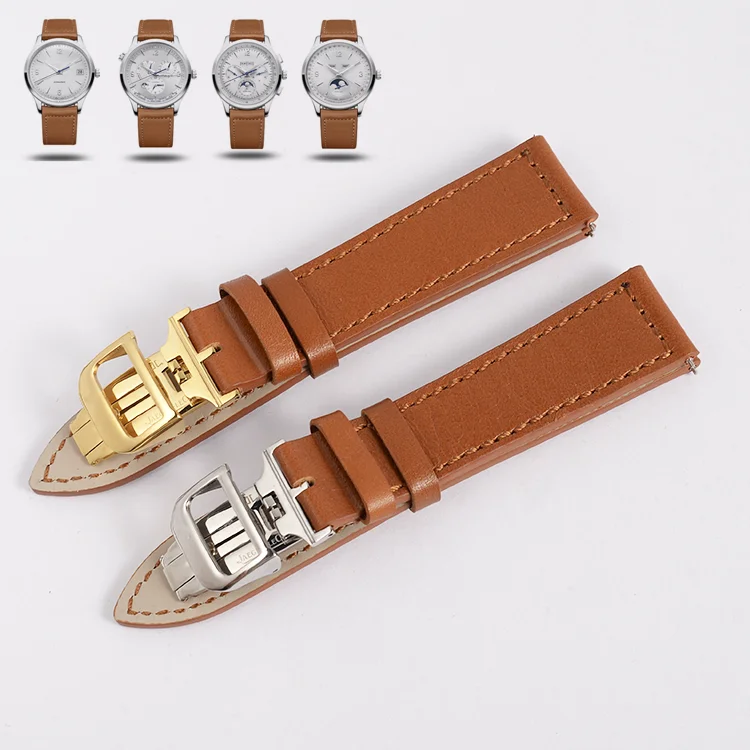 Brown Genuine Leather Watch Strap Butterfly Clasp Replacement Watch Wrist Band 21mm