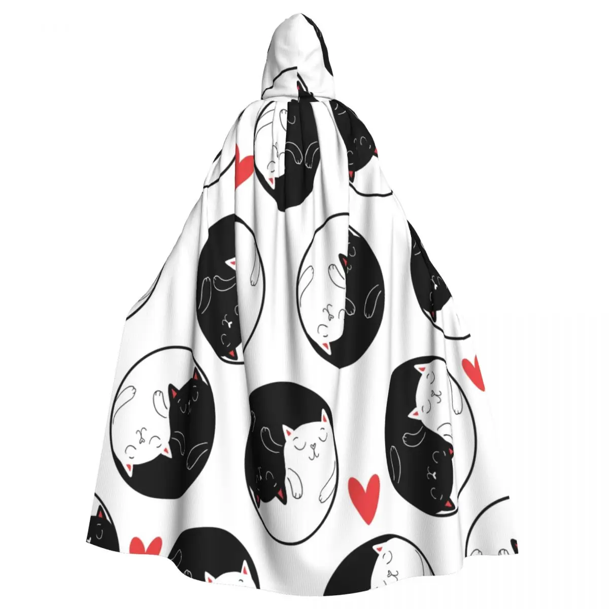 

Unisex Witch Party Reversible Hooded Adult Vampires Cape Cloak Valentine's Day Yin Yang White Black Cats Hearts Pattern