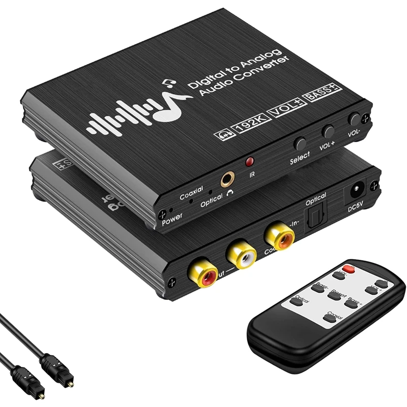 

DAC Converter 192Khz/24Bit Digital to Analog Audio Converter Stereo with Bass & Volume IR Remote Control 3.5mm Adapter