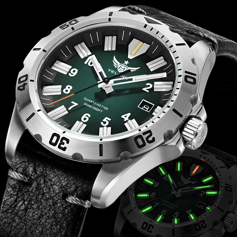 Фото Мужские кварцевые часы YELANG 42MM V1036 с люминесцентным циферблатом, литиевым механизмом (10 лет службы), вращающимся циферблатом, водонепроницаемостью 30ATM (300 м), в стиле милитари №5
