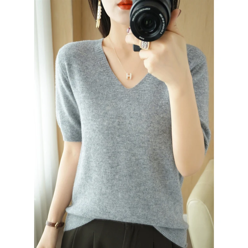 

Knitted Short-Sleeved Women's Summer Thin Worsted V-Neck T-Shirt 2022 Summer New Pullover Loose Large Size Gray Bottoming Shirt