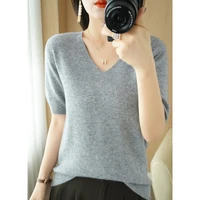 knitted short sleeved womens summer thin worsted v neck t shirt 2022 summer new pullover loose large size gray bottoming shirt