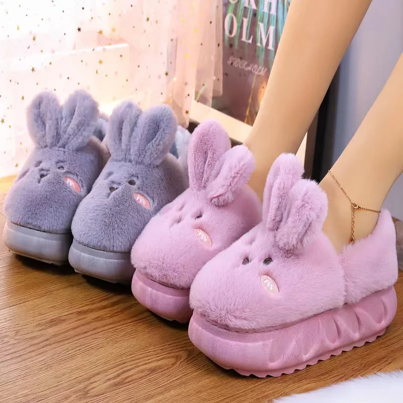 

new Winter Cute Cartoon Rabbit ear decoration Home Cotton Slippers Wholesale Household hairy Female Couple Warm Slippers Indoor