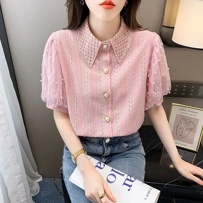 

Sweet Lapel Collar Ladies Green Pink Blouse Women Puff Sleeve Summer Tops Cute Fashion Woman Korean Beads Blouses Blusas mujer