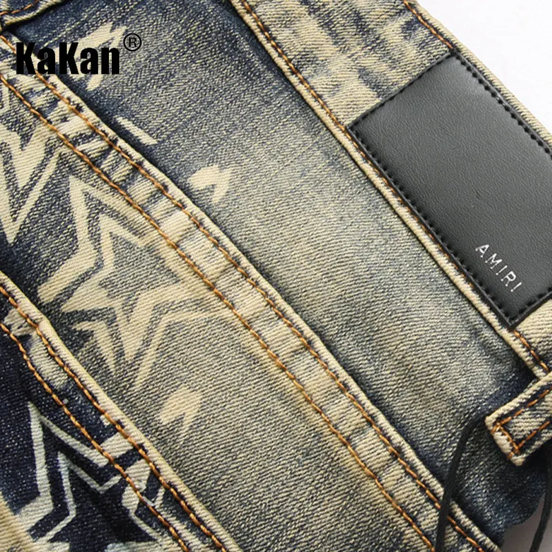 Kakan - New Tight Cotton Bomb Watermark Star Vintage Jeans for Men, Perforated Small Foot Long Jeans K018-3094