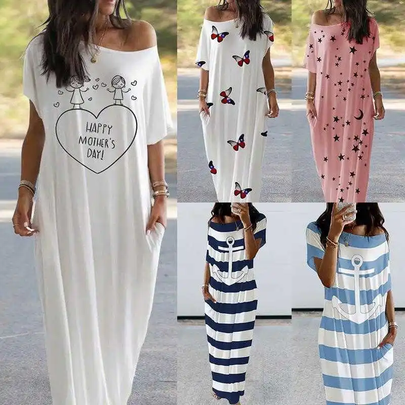 

Conventional Sleeve Womens Loose Dresses Printed Short Pocket Long Dress
