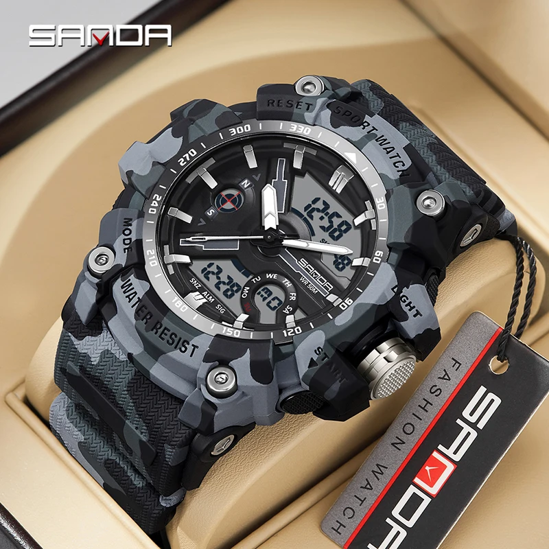 Фото Мужские часы Sanda 3355, бренд G Style, военные, кварцевые, водонепроницаемые, с двойным дисплеем, электронные, цифровые, многофункциональные, спортивные. №1