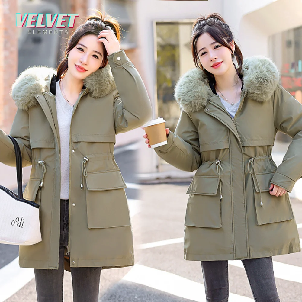 VE 2023 New Winter Jacket Women Parka Big Fur Collar Hooded Thick Warm Long Female Coat Casual Outwear Down Cotton Jacket Parkas