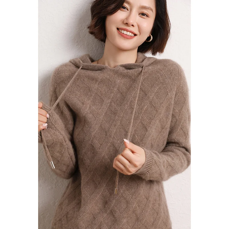 Autumn and Winter New 100% Cashmere Sweater Women Hooded Sweater Mat Woven Warm Hoodie Casual Loose Pullover Sweater Women