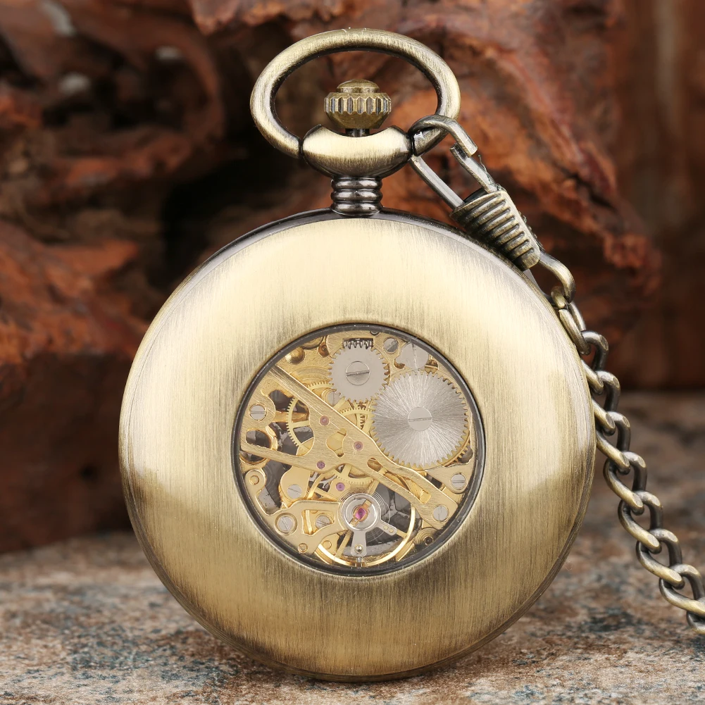 Vintage Hollow Red Wood Circle Decor Manual Mechanical Pocket Watch with Bronze Pocket Chain Luxury Antique Man Pocket Timepiece