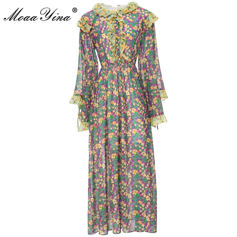 MoaaYina Fashion Runway dress Summer Woman's Dress Turn-down Collar Flare Sleeve Flower Printing Ruffled Dresses