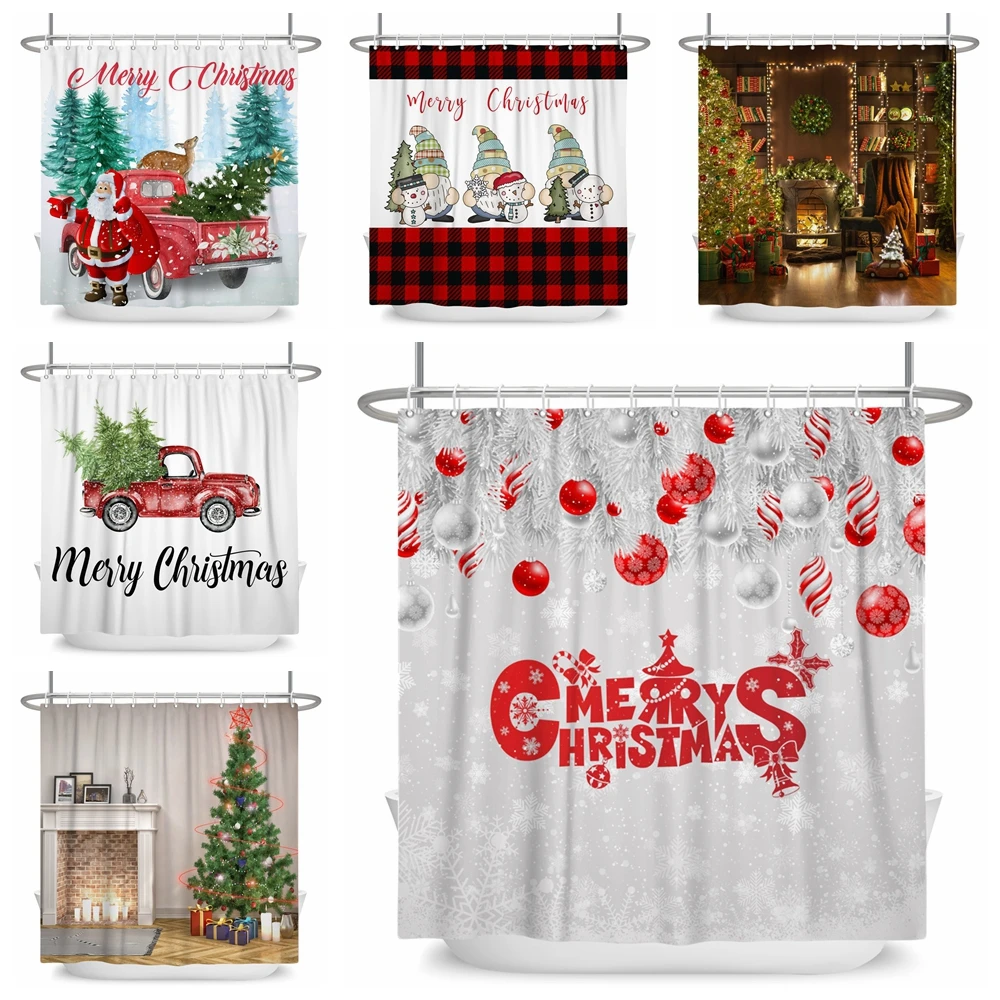 

Merry Christmas Shower Curtain Snowman Santa Car Red Truck Xmas Ball Pine Tree Winter Forest Landscape Waterproof Bathroom Decor