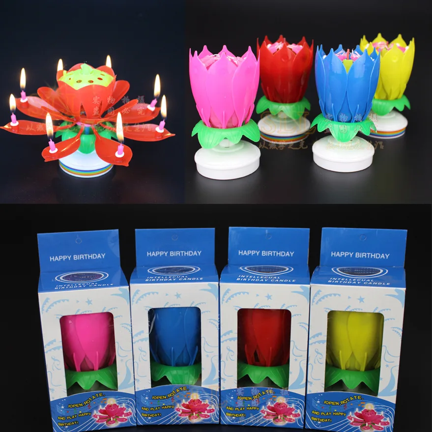 Artificial Lotus Music Candle Blossom Birthday Party Cake Electric Toys Topper Decoration Flat Bottom Rotating Electronic Lotus